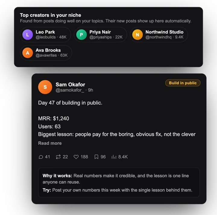 Top creators in your niche above a post with notes on why it works and what to try