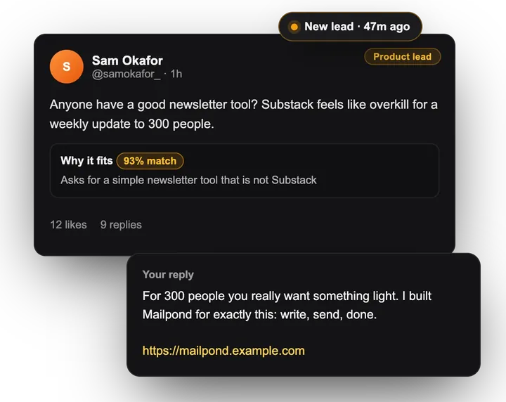A product lead with a 93% match and a drafted reply that includes the product link