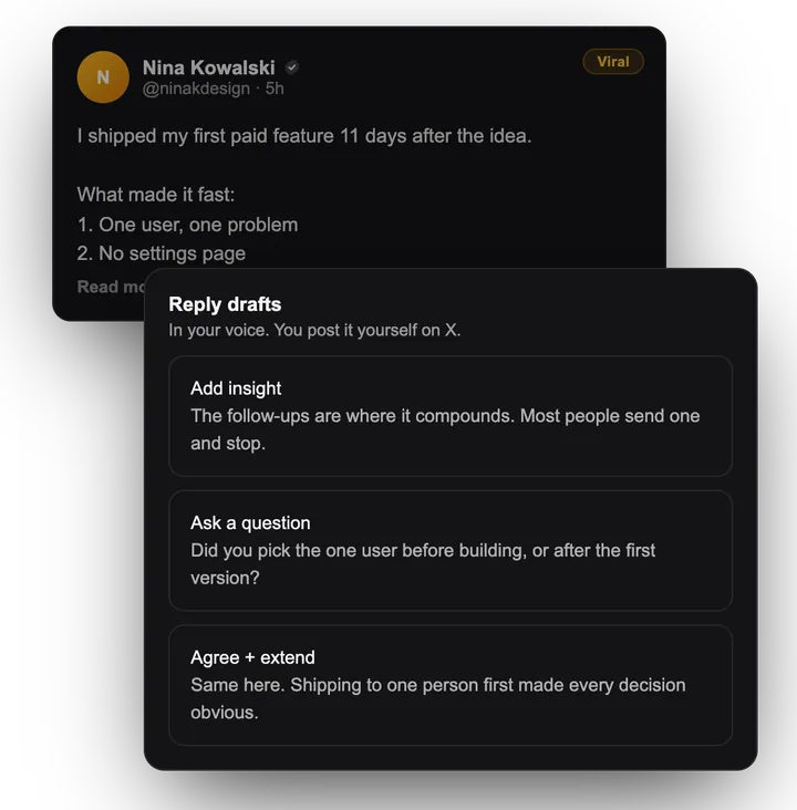 Three reply drafts for a post: add insight, ask a question, agree and extend